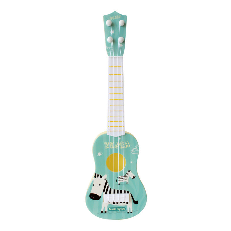 Colorful kids' toy guitars featuring fun designs—space, dinosaurs, zebra, and rabbit themes. Mini ukulele-style musical instrument for toddlers, boys & girls. Educational toy that keeps tones and helps beginners play & learn music effortlessly