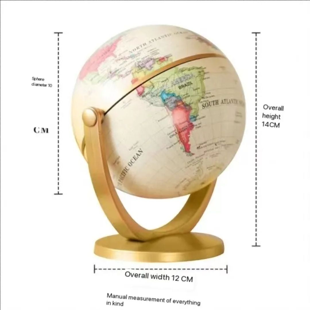 The image shows a small, desktop globe mounted on a golden stand. The globe displays a detailed world map with country names, borders, and major cities clearly marked. The globe is designed to rotate, making it a practical and educational tool for learning geography. The compact size and elegant design make it suitable for both educational purposes and as an office decor item.