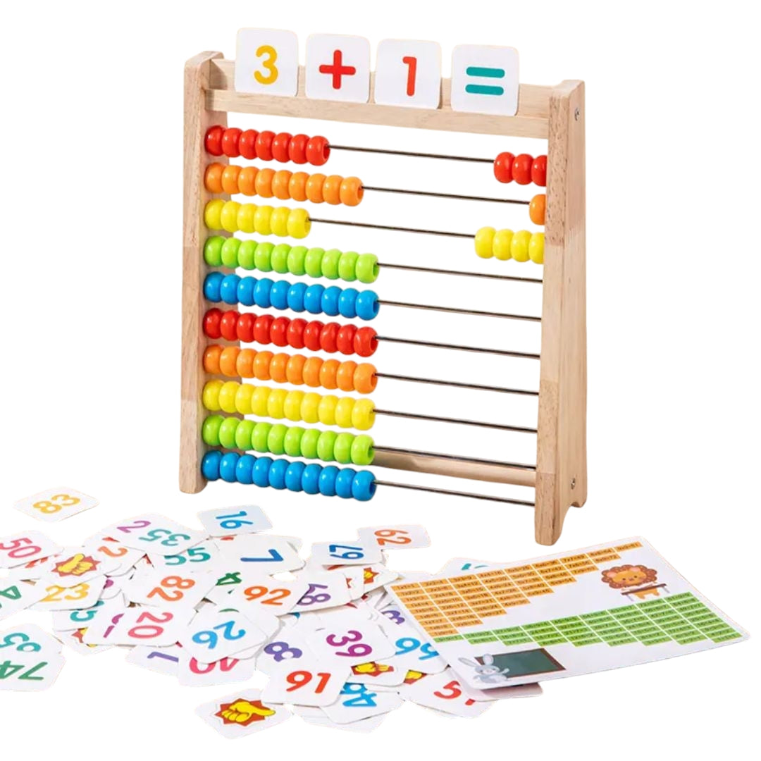 Boost Early Math Skills with Classic Wooden Abacus - 100 Beads Montessori Toy for Preschool Learning. The image displays a traditional wooden abacus with ten rows of ten beads each, in a rainbow of colors. Above the beads, there are three wooden squares displaying the numbers ‘1’ and ‘2’ separated by a plus sign, and an equal sign followed by the number ‘3’, illustrating a basic addition problem.