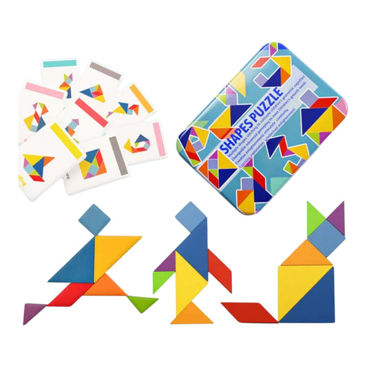 Colorful Montessori magnetic puzzle set for kids, featuring 3D wooden tangram pieces in a creative iron box - Perfect for educational and playful activities in kindergarten.