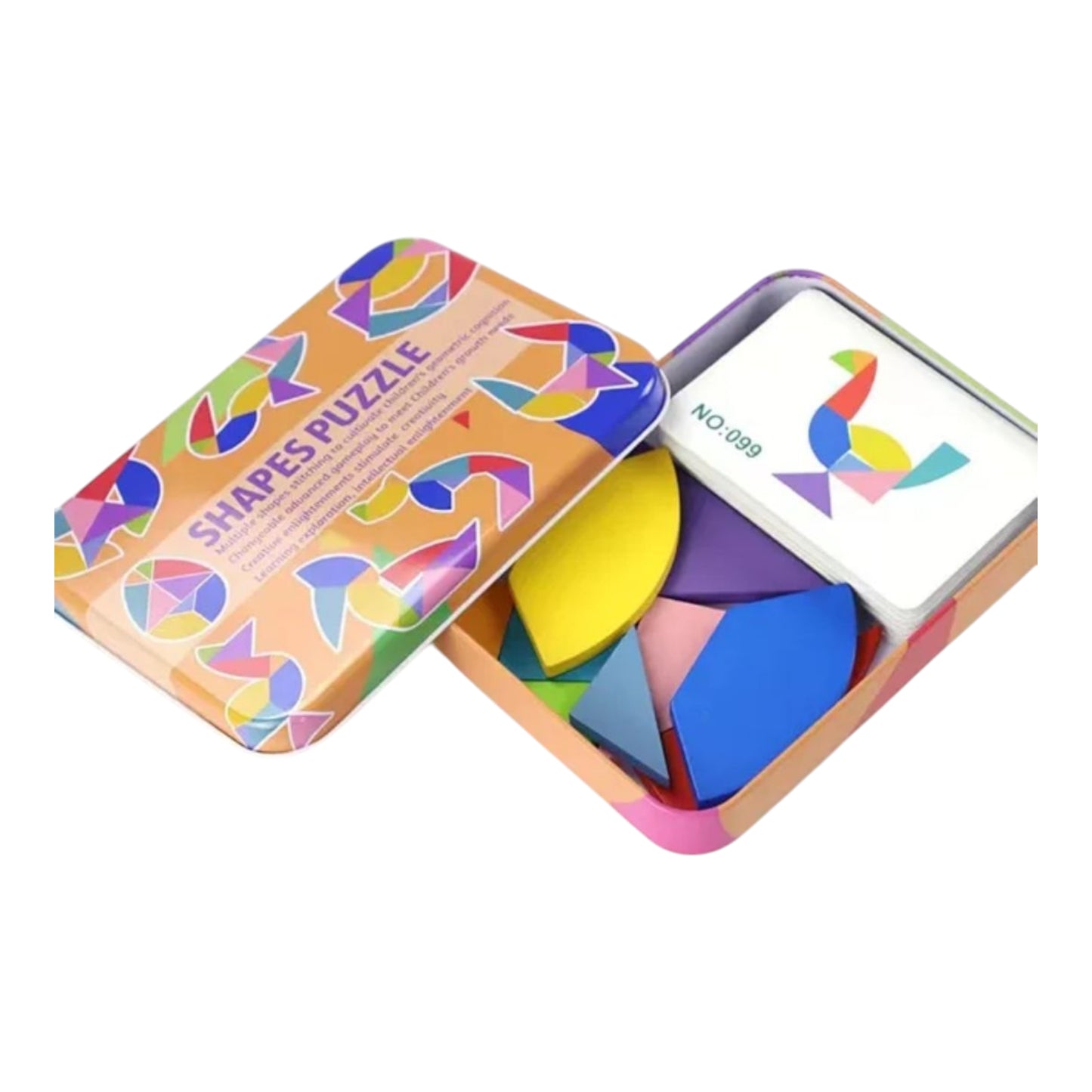 Colorful Montessori magnetic puzzle set for kids, featuring 3D wooden tangram pieces in a creative iron box - Perfect for educational and playful activities in kindergarten.