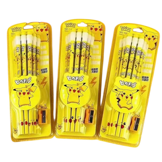 A vibrant kids' stationery set featuring 3 sets of Pikachu-themed pencils, with 12 pieces in each set. The packaging is colorful, showcasing Pikachu illustrations and includes complementary items such as Pikachu-shaped erasers and sharpeners. Ideal for young fans of Pokémon.