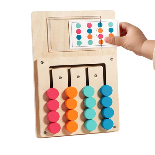 Montessori wooden maze game for children available at Giggly Groves, featuring colorful movable pieces on vertical tracks and vibrant pattern cards designed for educational play and logic training.
