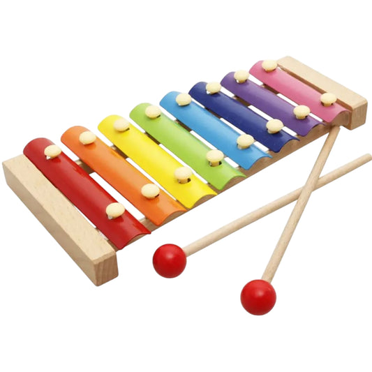 Eco-friendly wooden xylophone toy available at Giggly Groves Toy Store, featuring eight vibrant metal bars in rainbow colors, mounted on a sustainable wooden frame. Includes two wooden mallets with red rubber tips, perfect for kids to explore music and develop auditory skills.