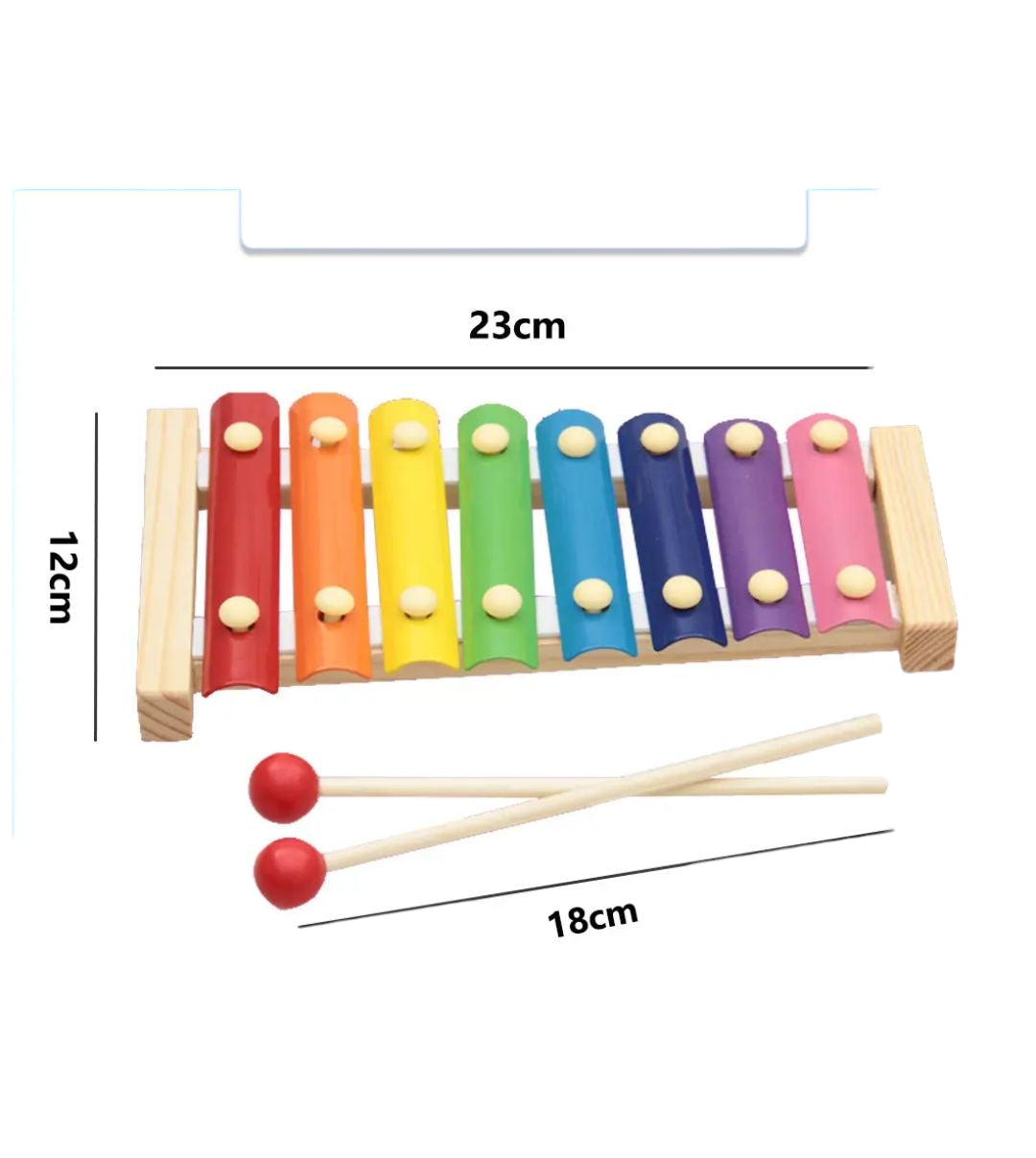 Eco-friendly wooden xylophone toy available at Giggly Groves Toy Store, featuring eight vibrant metal bars in rainbow colors, mounted on a sustainable wooden frame. Includes two wooden mallets with red rubber tips, perfect for kids to explore music and develop auditory skills.