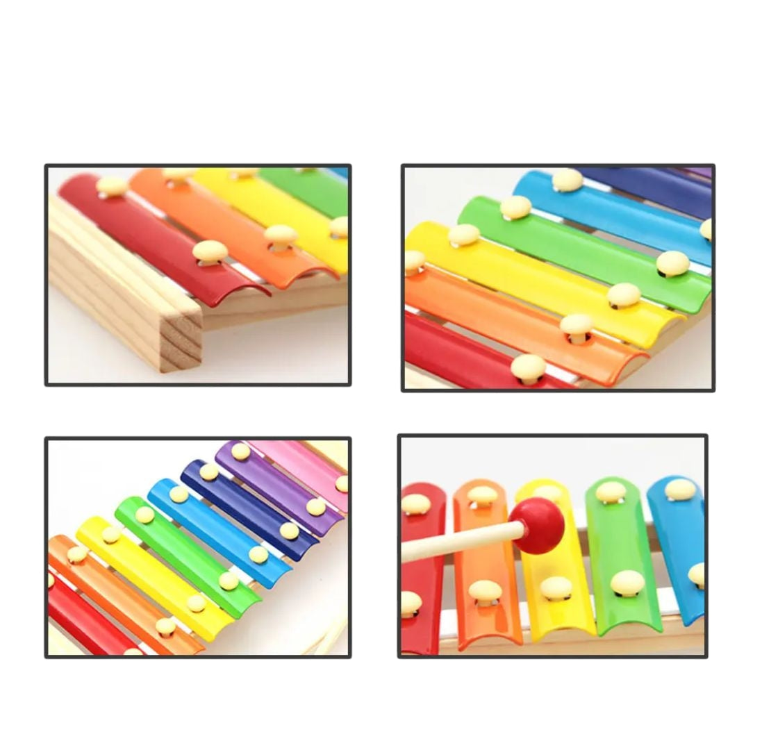 Eco-friendly wooden xylophone toy available at Giggly Groves Toy Store, featuring eight vibrant metal bars in rainbow colors, mounted on a sustainable wooden frame. Includes two wooden mallets with red rubber tips, perfect for kids to explore music and develop auditory skills.