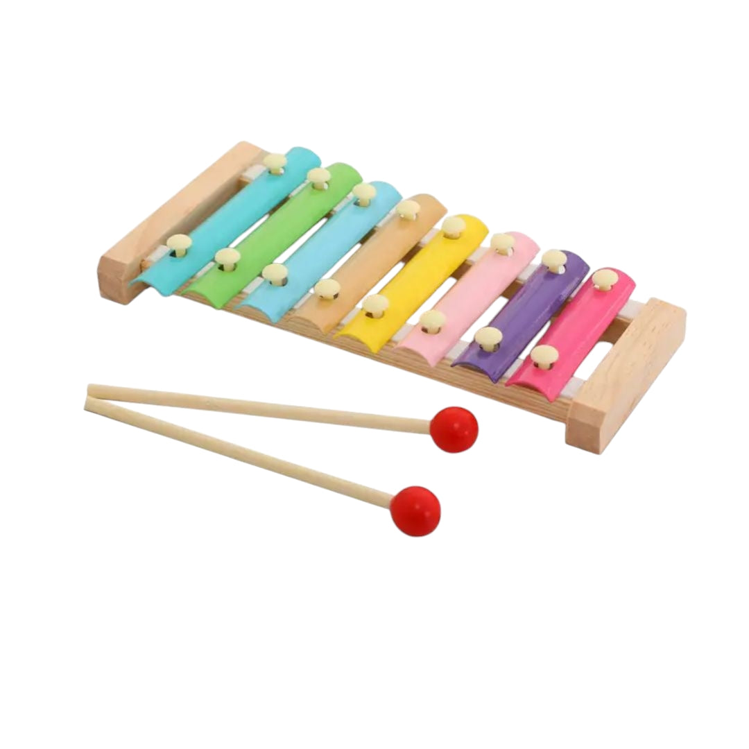 Eco-friendly wooden xylophone toy available at Giggly Groves Toy Store, featuring eight vibrant metal bars in rainbow colors, mounted on a sustainable wooden frame. Includes two wooden mallets with red rubber tips, perfect for kids to explore music and develop auditory skills.
