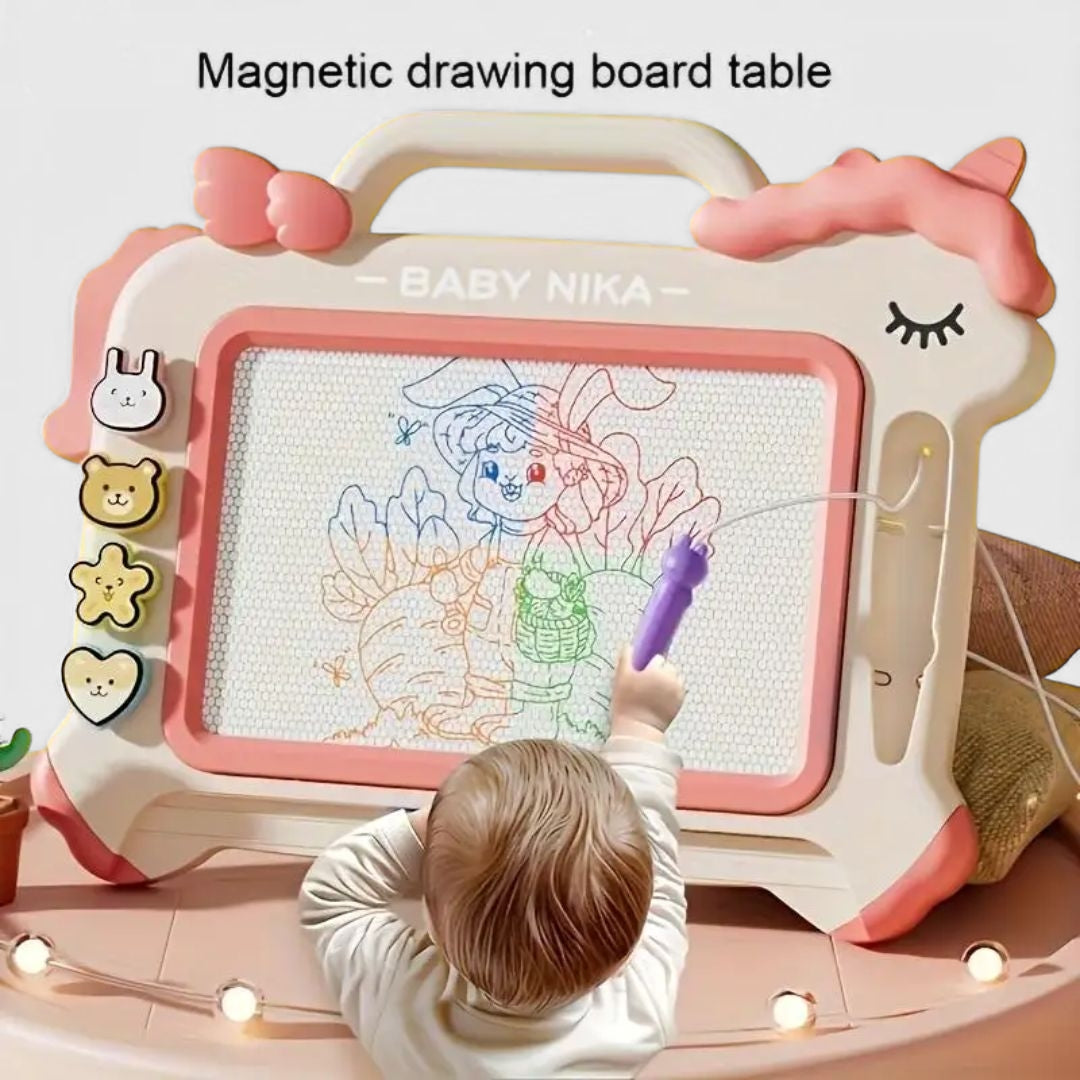 Colorful Baby Nika Writing Board for Kids with vibrant sketching surface, playful buttons, and easy-carry handle – educational toy available at Giggly Groves
