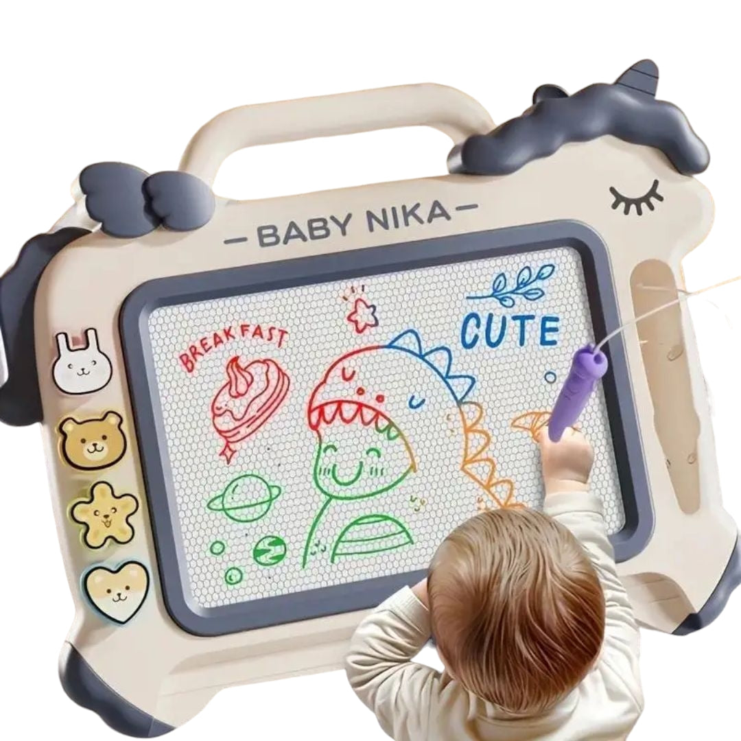 Colorful Baby Nika Writing Board for Kids with vibrant sketching surface, playful buttons, and easy-carry handle – educational toy available at Giggly Groves