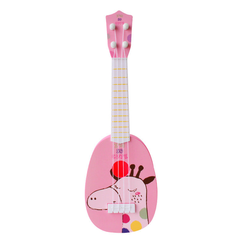 Colorful kids' toy guitars featuring fun designs—space, dinosaurs, zebra, and rabbit themes. Mini ukulele-style musical instrument for toddlers, boys & girls. Educational toy that keeps tones and helps beginners play & learn music effortlessly