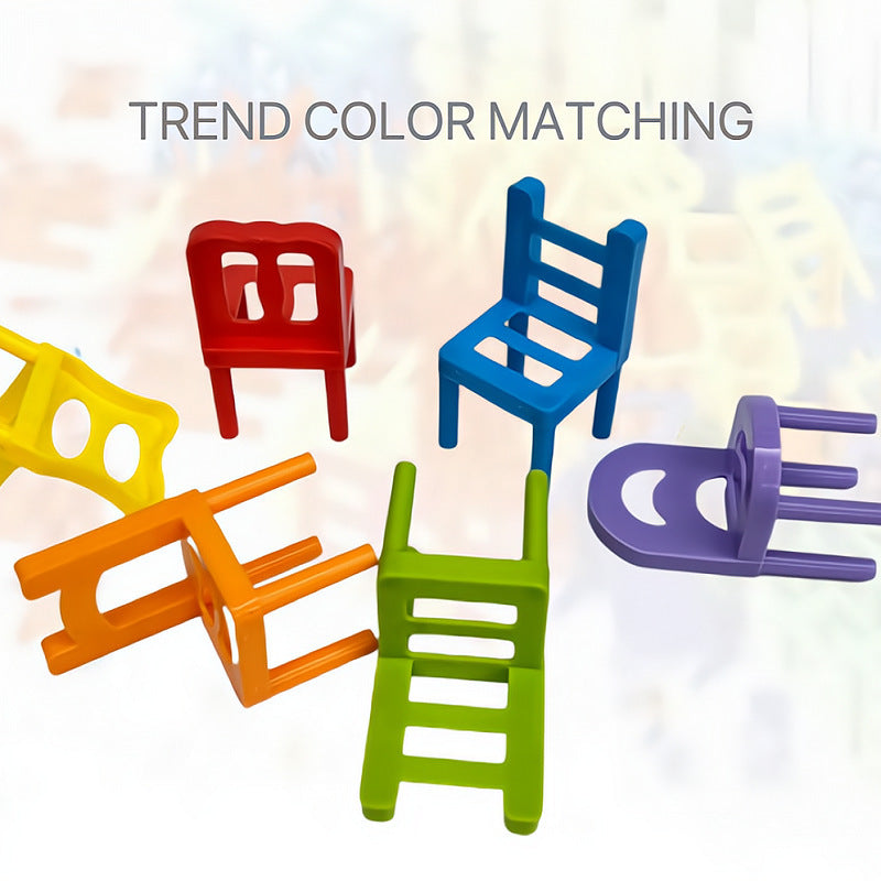 Colorful mini chair balance blocks stacked in creative formations, with a product box showcasing the game and highlighting its versatile stacking possibilities.
