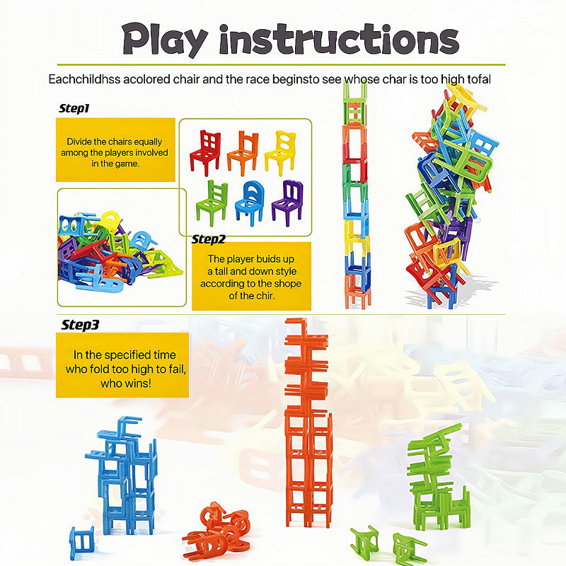 Colorful mini chair balance blocks stacked in creative formations, with a product box showcasing the game and highlighting its versatile stacking possibilities.