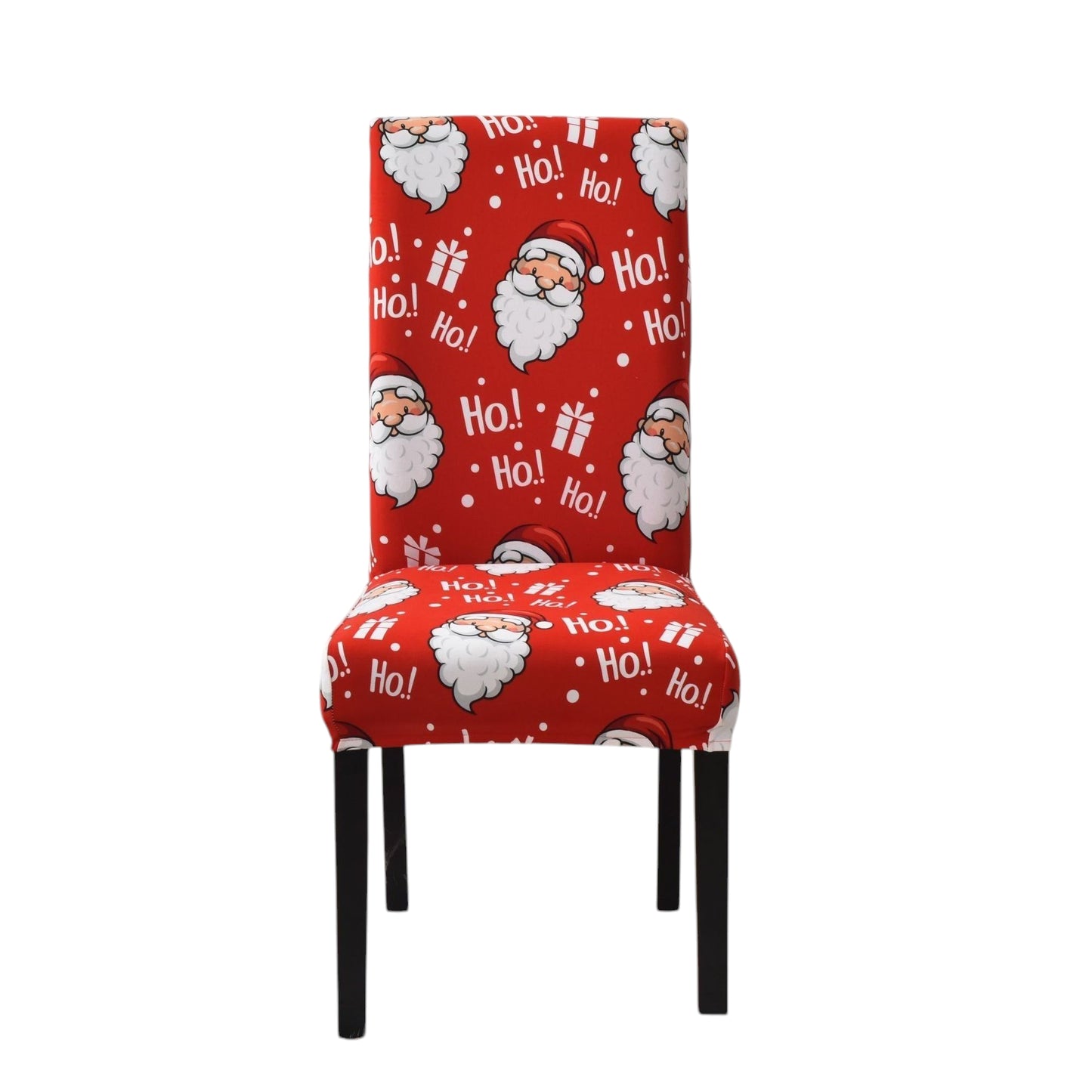 Festive red chair cover with vibrant Christmas-themed designs, including Santa Claus faces, white snowflakes, and the phrase 'Ho!' in bold white font. Features additional details like gift box illustrations with red ribbons. Snug fit for chairs with black legs, perfect for adding a cheerful holiday touch to your dining or living space. Ideal for Christmas home decorations and creating a warm, seasonal atmosphere.