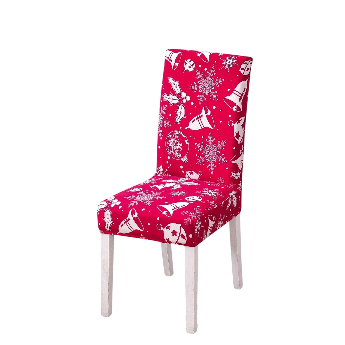 Festive red chair cover with white Christmas-themed patterns, including bells, snowflakes, holly leaves, and ornaments. Perfectly designed to fit dining chairs, this holiday decor item brings a warm and cheerful vibe to any room. Ideal for Christmas home decorations, seasonal parties, and enhancing holiday ambiance. Stylish, snug fit with easy-to-clean material—add festive charm to your furniture today!
