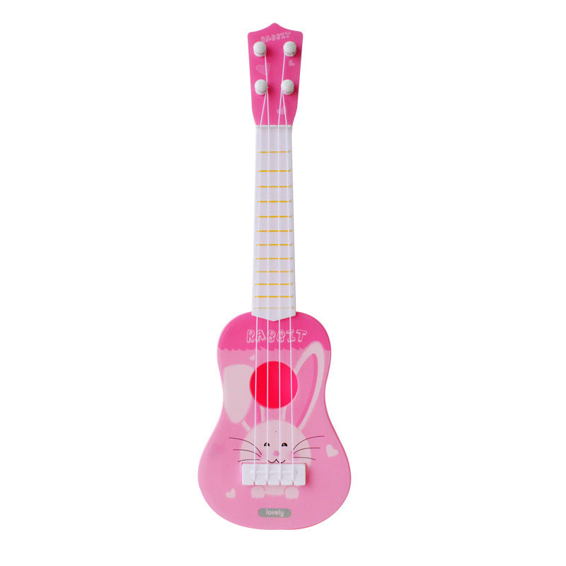 Colorful kids' toy guitars featuring fun designs—space, dinosaurs, zebra, and rabbit themes. Mini ukulele-style musical instrument for toddlers, boys & girls. Educational toy that keeps tones and helps beginners play & learn music effortlessly