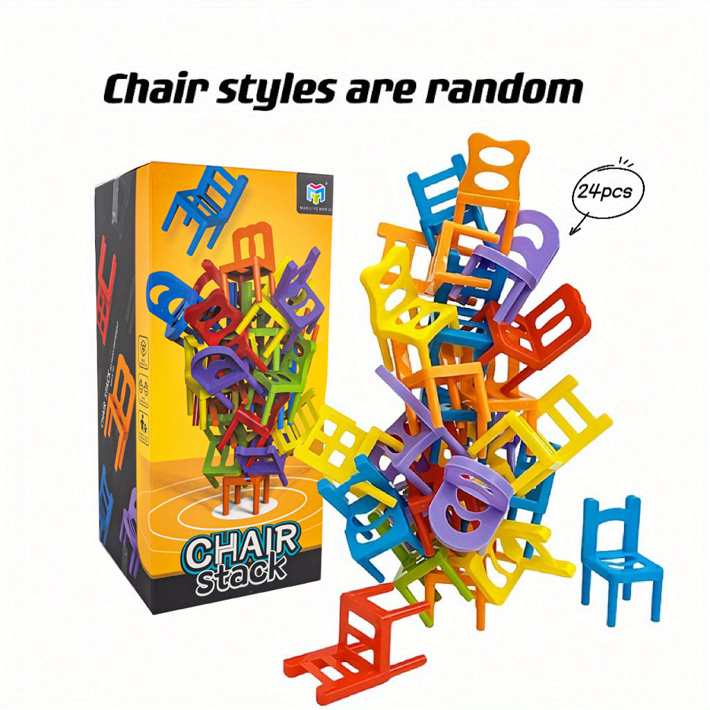 Colorful mini chair balance blocks stacked in creative formations, with a product box showcasing the game and highlighting its versatile stacking possibilities.