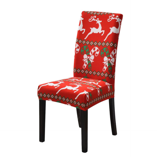 Bright red Christmas chair cover featuring festive white reindeer and green candy cane patterns. Designed to fit standard dining chairs, it brings holiday cheer to any room. The cozy fabric and intricate details, including diamond-shaped borders and holly leaves, make it perfect for Christmas home decor ideas. Ideal for enhancing seasonal aesthetics and creating a warm, welcoming ambiance. Shop festive chair covers now!