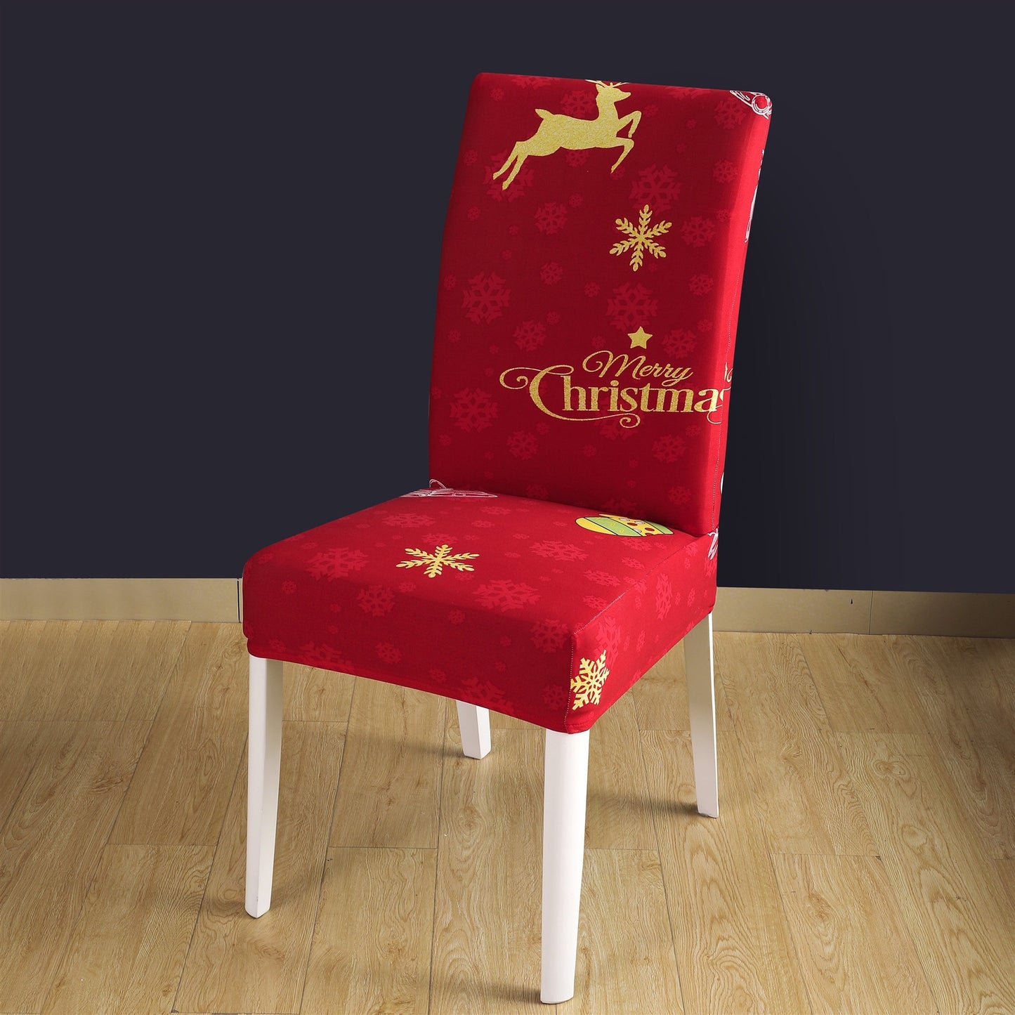 Bright red chair cover with gold accents, featuring festive Christmas designs including a reindeer, snowflakes, and the phrase 'Merry Christmas' in elegant script. Perfectly tailored to fit standard dining chairs, this holiday decor piece adds a cheerful, seasonal touch to your home. Ideal for Christmas-themed accessories, party setups, or enhancing holiday ambiance. Durable and stylish fabric ensures easy cleaning and long-lasting use. Shop now for festive chair covers!