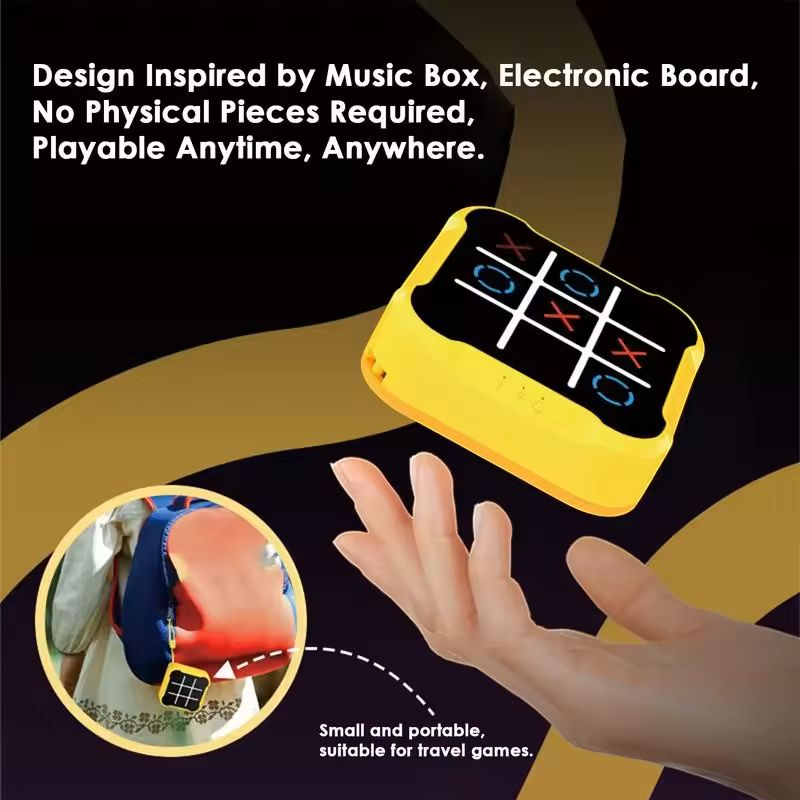 Ultimate Tic-Tac-Toe Showdown: Adult vs. Kid Challenge - A handheld electronic Tic-Tac-Toe game featuring a bright orange casing. The game screen displays a 3x3 grid with white lines, showcasing red X's and blue O's in various positions. The game is shown in two perspectives: a close-up of the game itself and a smaller image of hands holding and playing the game. Available in different colors.
