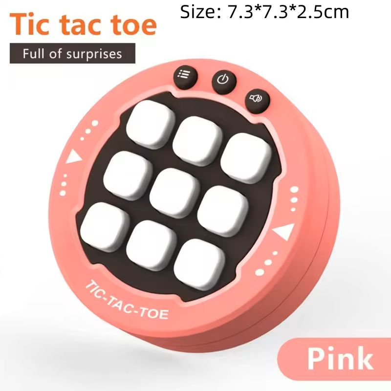 Ultimate Tic-Tac-Toe Showdown: Adult vs. Kid Challenge - A handheld electronic Tic-Tac-Toe game featuring a bright orange casing. The game screen displays a 3x3 grid with white lines, showcasing red X's and blue O's in various positions. The game is shown in two perspectives: a close-up of the game itself and a smaller image of hands holding and playing the game. Available in different colors.