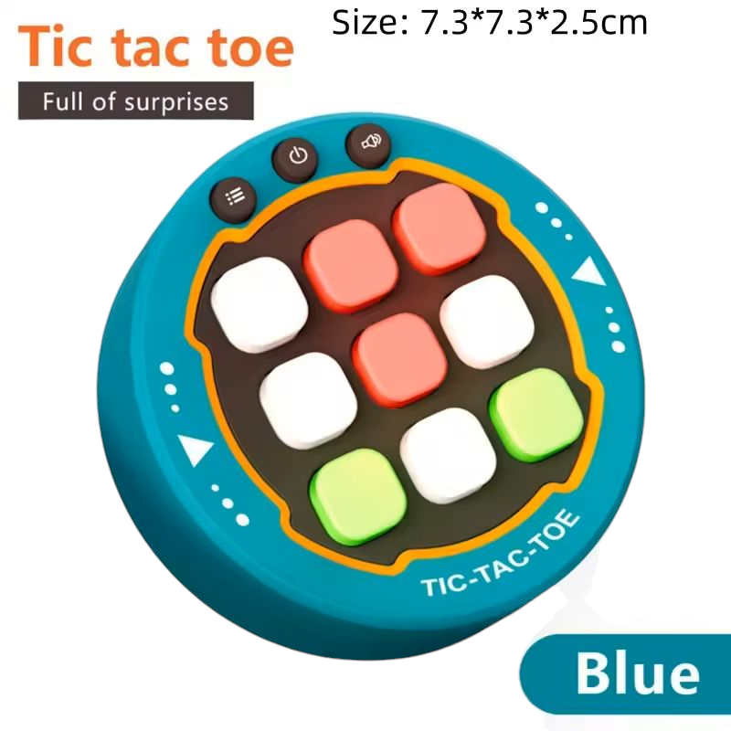 Ultimate Tic-Tac-Toe Showdown: Adult vs. Kid Challenge - A handheld electronic Tic-Tac-Toe game featuring a bright orange casing. The game screen displays a 3x3 grid with white lines, showcasing red X's and blue O's in various positions. The game is shown in two perspectives: a close-up of the game itself and a smaller image of hands holding and playing the game. Available in different colors.