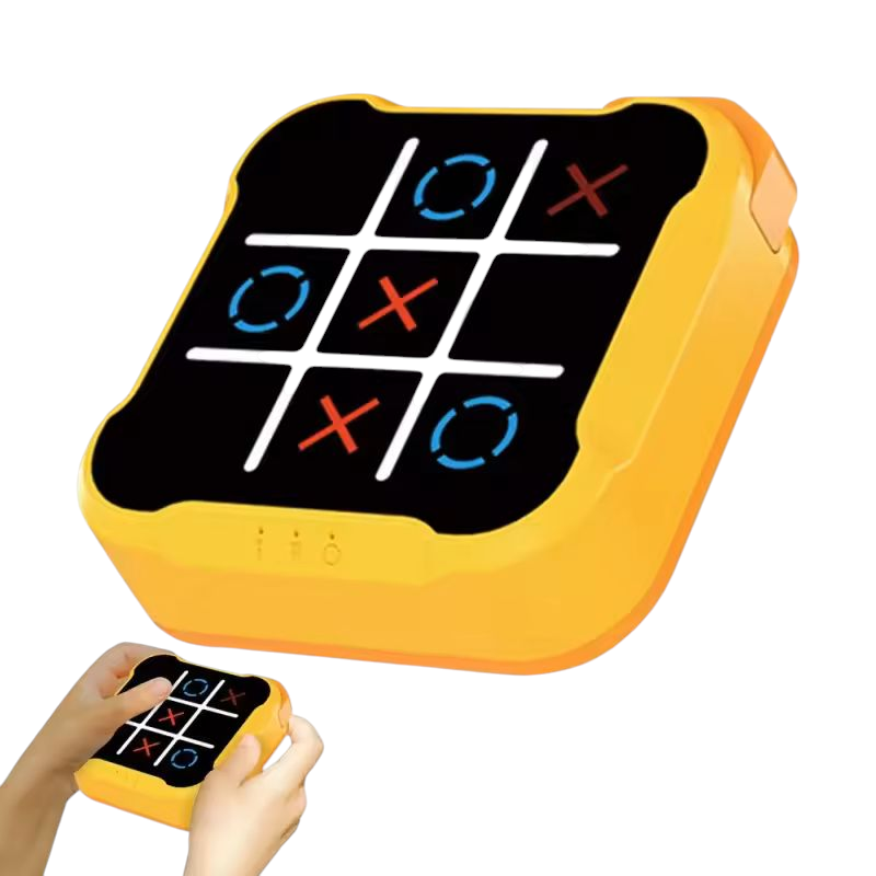 Ultimate Tic-Tac-Toe Showdown: Adult vs. Kid Challenge - A handheld electronic Tic-Tac-Toe game featuring a bright orange casing. The game screen displays a 3x3 grid with white lines, showcasing red X's and blue O's in various positions. The game is shown in two perspectives: a close-up of the game itself and a smaller image of hands holding and playing the game. Available in different colors.