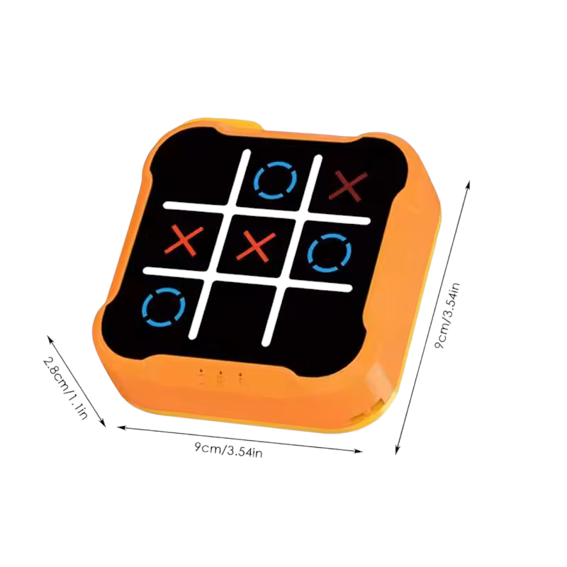 Ultimate Tic-Tac-Toe Showdown: Adult vs. Kid Challenge - A handheld electronic Tic-Tac-Toe game featuring a bright orange casing. The game screen displays a 3x3 grid with white lines, showcasing red X's and blue O's in various positions. The game is shown in two perspectives: a close-up of the game itself and a smaller image of hands holding and playing the game. Available in different colors.
