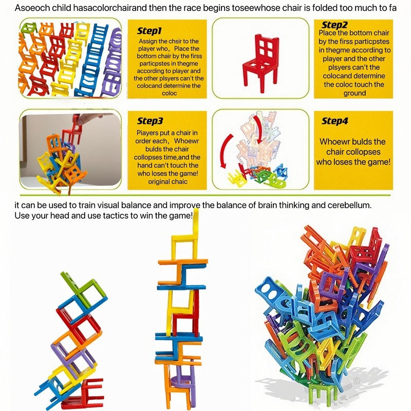 Colorful mini chair balance blocks stacked in creative formations, with a product box showcasing the game and highlighting its versatile stacking possibilities.