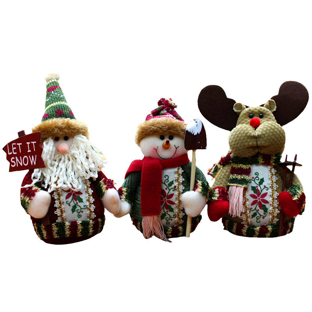 Festive Christmas Decorations: Santa, Snowman, and Reindeer Plush Figures