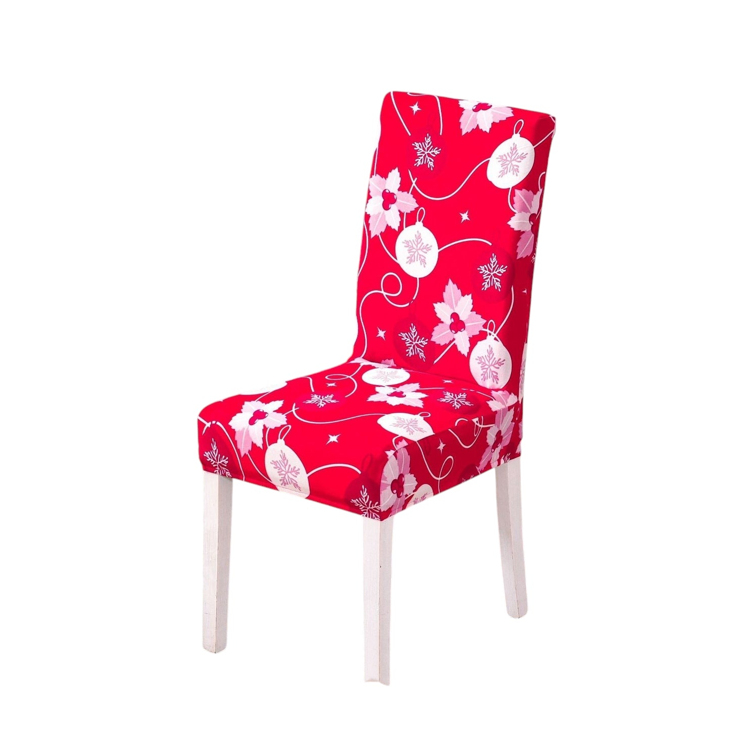 A sleek dining chair with a festive red fabric cover, adorned with Christmas-themed white patterns, including reindeer, snowflakes, and stars. The chair has white legs and is placed against a plain white background, creating a clean and minimalistic holiday decor setting.