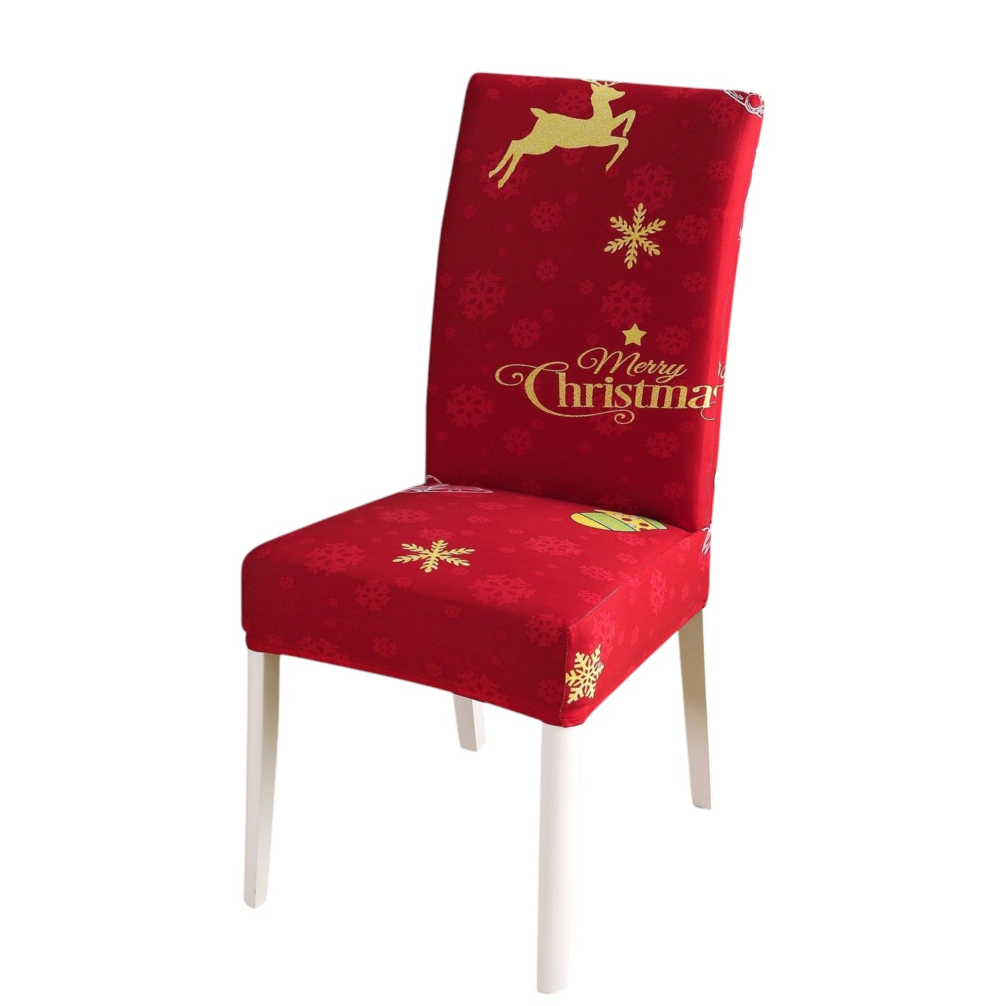 Bright red chair cover with gold accents, featuring festive Christmas designs including a reindeer, snowflakes, and the phrase 'Merry Christmas' in elegant script. Perfectly tailored to fit standard dining chairs, this holiday decor piece adds a cheerful, seasonal touch to your home. Ideal for Christmas-themed accessories, party setups, or enhancing holiday ambiance. Durable and stylish fabric ensures easy cleaning and long-lasting use. Shop now for festive chair covers!