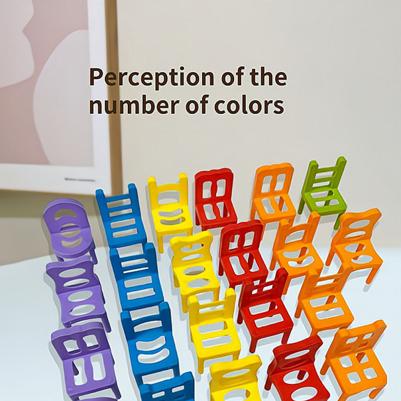 Colorful mini chair balance blocks stacked in creative formations, with a product box showcasing the game and highlighting its versatile stacking possibilities.