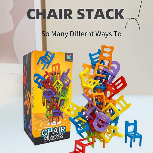 Colorful mini chair balance blocks stacked in creative formations, with a product box showcasing the game and highlighting its versatile stacking possibilities.