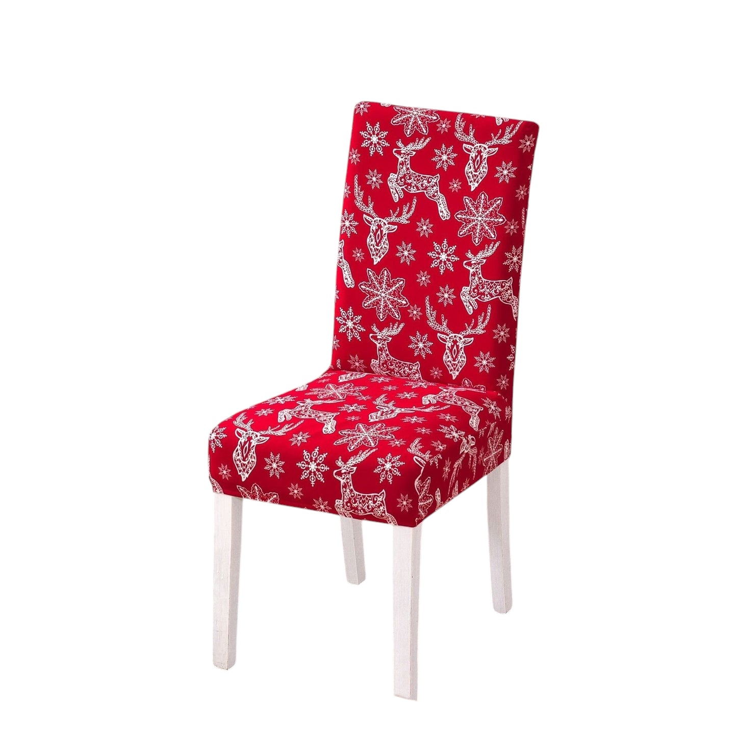 Festive red chair cover with vibrant Christmas-themed designs, including Santa Claus faces, white snowflakes, and the phrase 'Ho!' in bold white font. Features additional details like gift box illustrations with red ribbons. Snug fit for chairs with black legs, perfect for adding a cheerful holiday touch to your dining or living space. Ideal for Christmas home decorations and creating a warm, seasonal atmosphere.