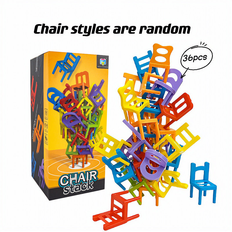 Colorful mini chair balance blocks stacked in creative formations, with a product box showcasing the game and highlighting its versatile stacking possibilities.