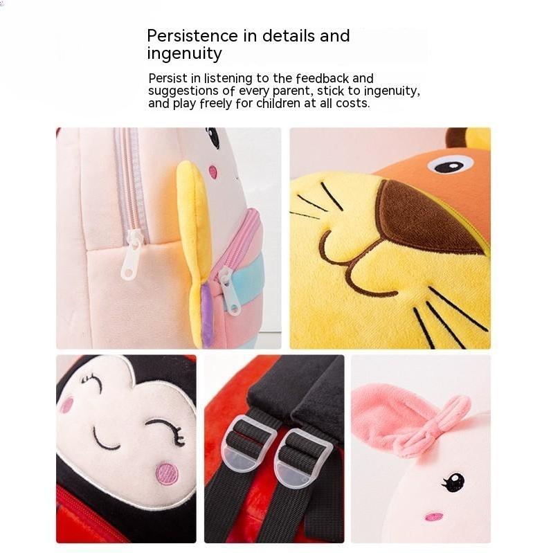 Plush children’s kindergarten backpacks featuring cute animal designs including a ladybug, cow, bunny, tiger, and butterfly, displayed on colorful blocks.