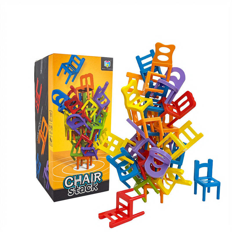 Colorful mini chair balance blocks stacked in creative formations, with a product box showcasing the game and highlighting its versatile stacking possibilities.