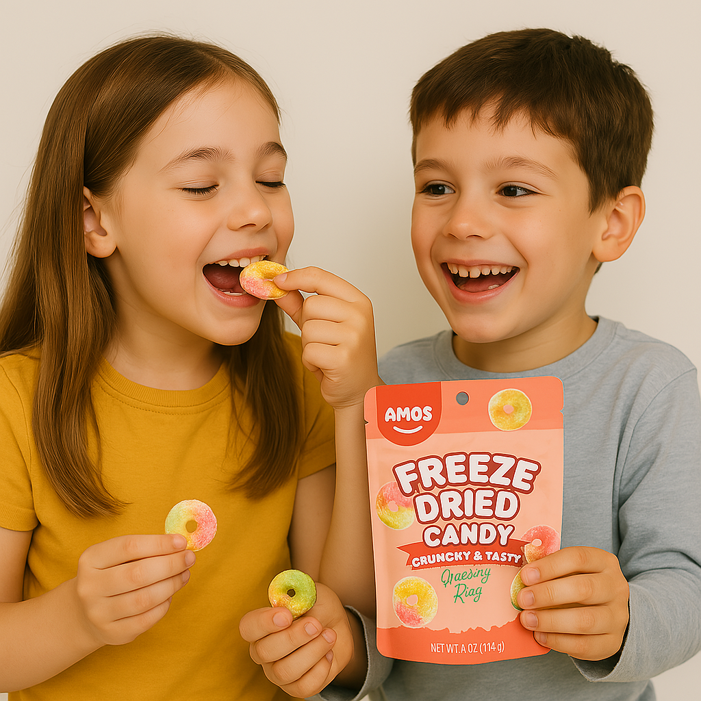 Amos Freeze Dried Sweet Ring Candy in vibrant fruit flavors, showcased in colorful packaging – available now on Giggly Groves