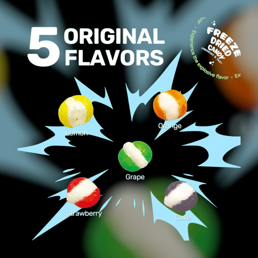 Amos Freeze Dried Sweet Ring Candy in vibrant fruit flavors, showcased in colorful packaging – available now on Giggly Groves