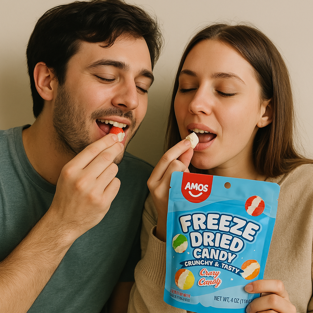 Amos Freeze Dried Sweet Ring Candy in vibrant fruit flavors, showcased in colorful packaging – available now on Giggly Groves