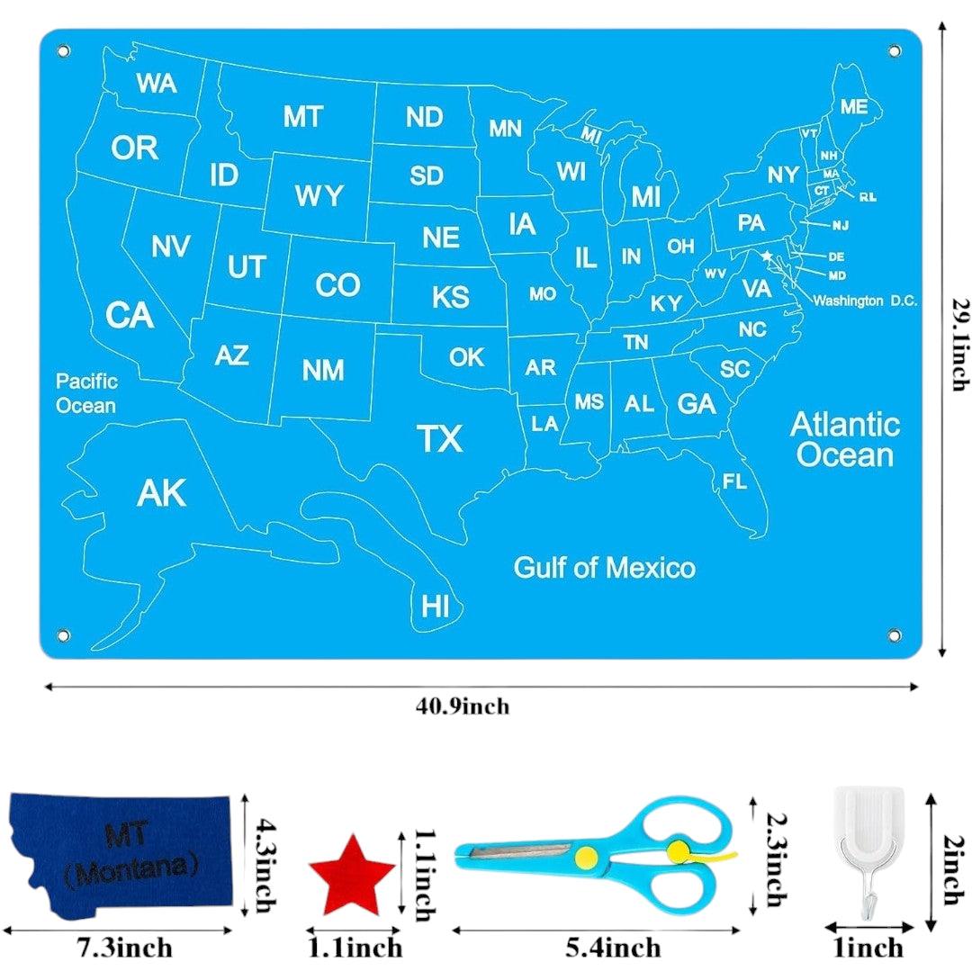 54-piece United States map felt-board set for early learning and Montessori education, featuring city names and state locations, available on Giggly Groves.