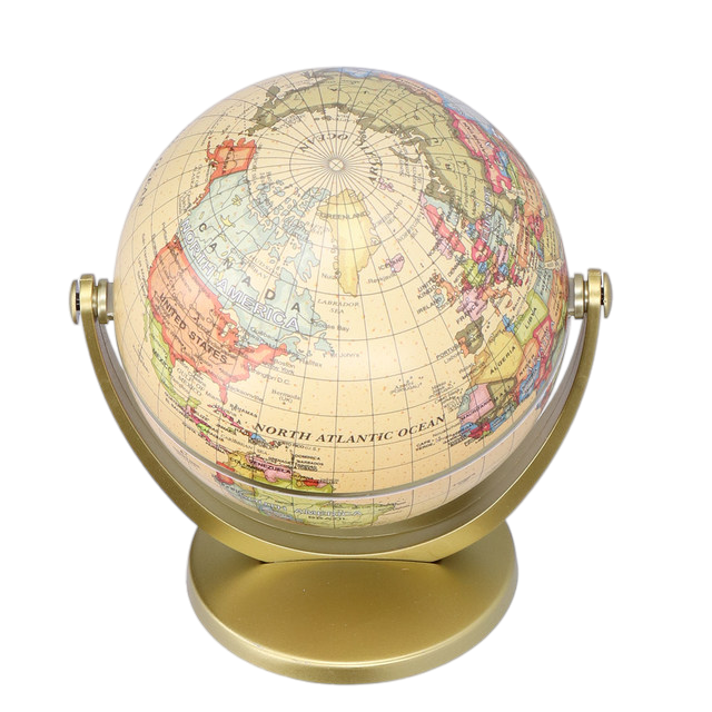 The image shows a small, desktop globe mounted on a golden stand. The globe displays a detailed world map with country names, borders, and major cities clearly marked. The globe is designed to rotate, making it a practical and educational tool for learning geography. The compact size and elegant design make it suitable for both educational purposes and as an office decor item.