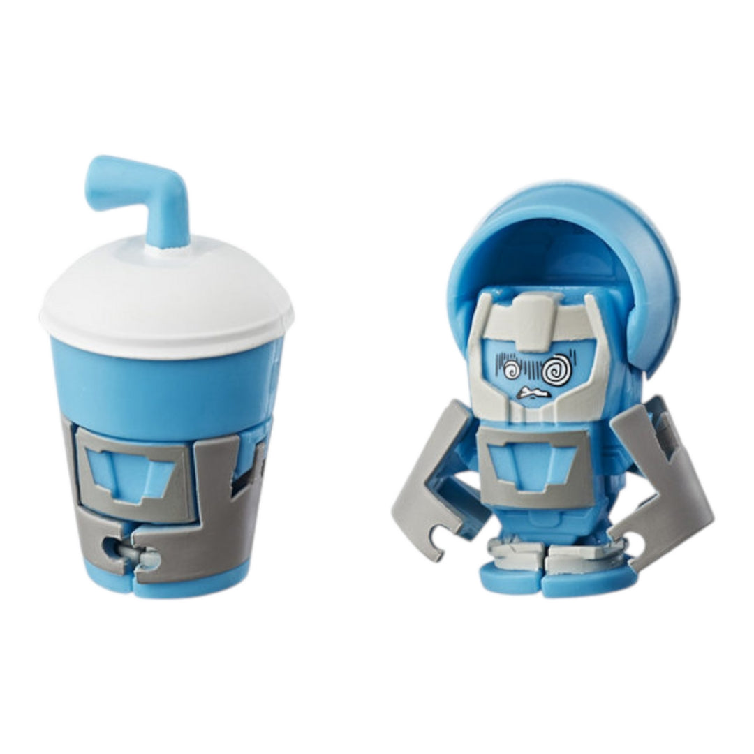 The image shows six Hasbro BOTBOTS Mini Transformers Blind Bags arranged in a star pattern. Each package features a different color (red, blue, green, orange, yellow) and contains a surprise mini transformer toy. The packaging is vibrant and eye-catching, making it an appealing gift for children.