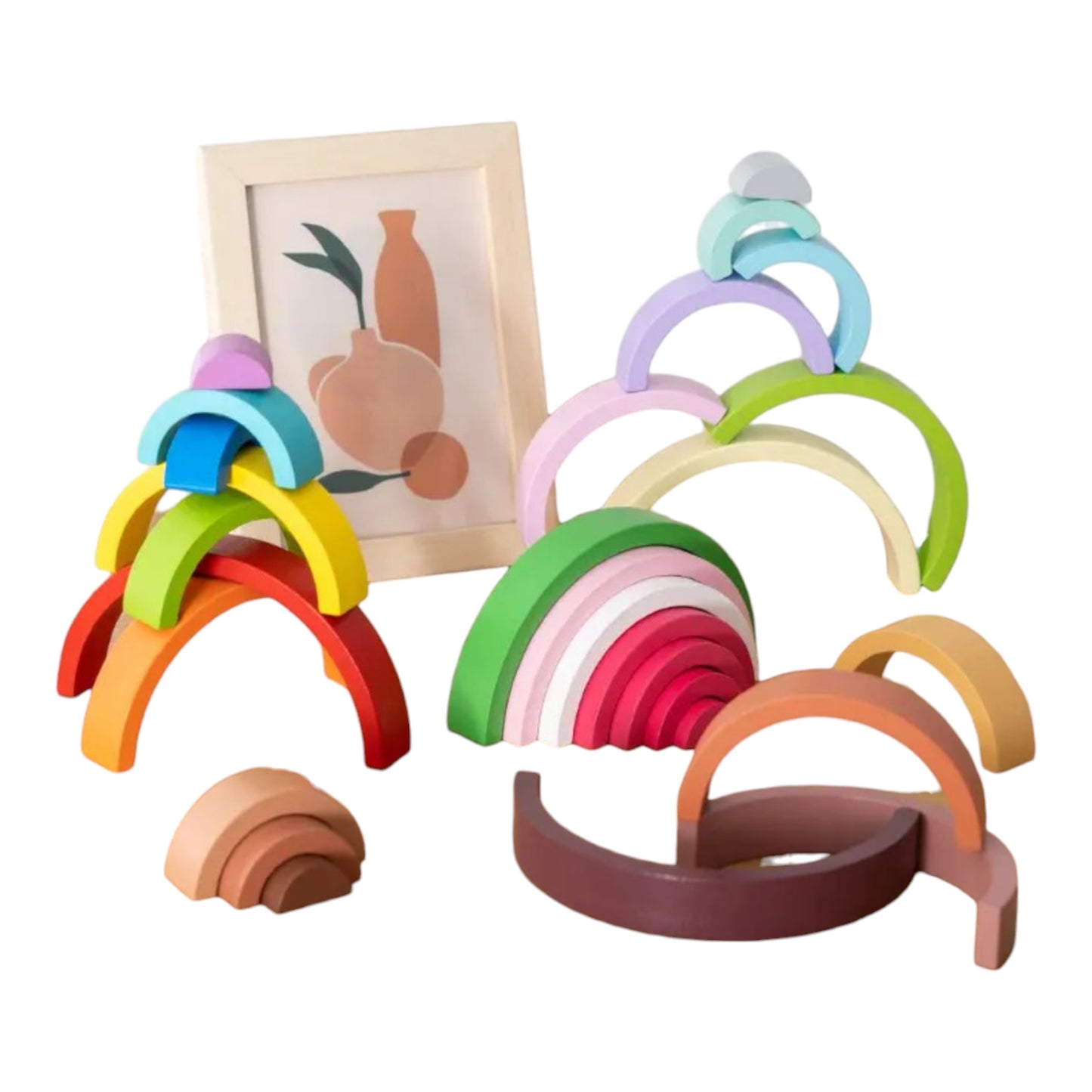 Montessori Wooden Rainbow Stacking Blocks from Giggly Groves - A vibrant educational toy set designed to enhance kids' fine motor skills, color recognition, and problem-solving abilities. Perfect for toddlers and preschoolers.