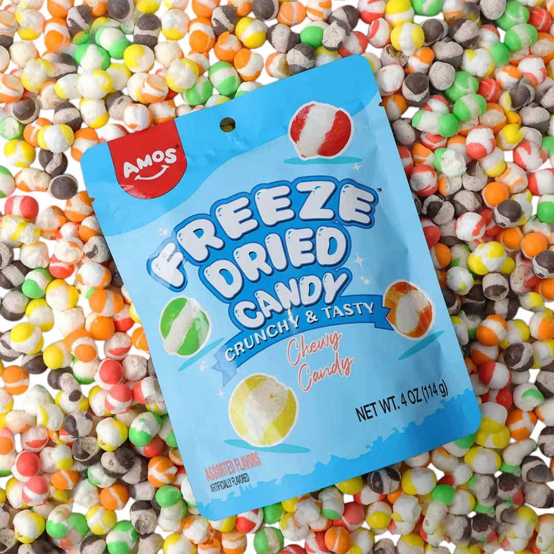 Amos Freeze Dried Sweet Ring Candy in vibrant fruit flavors, showcased in colorful packaging – available now on Giggly Groves