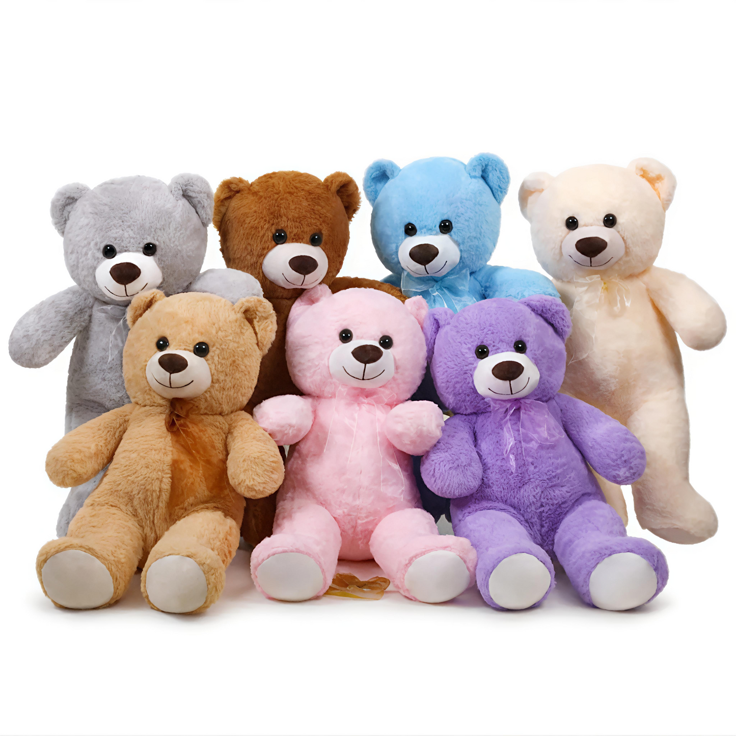Assorted colored teddy bears on a white background
