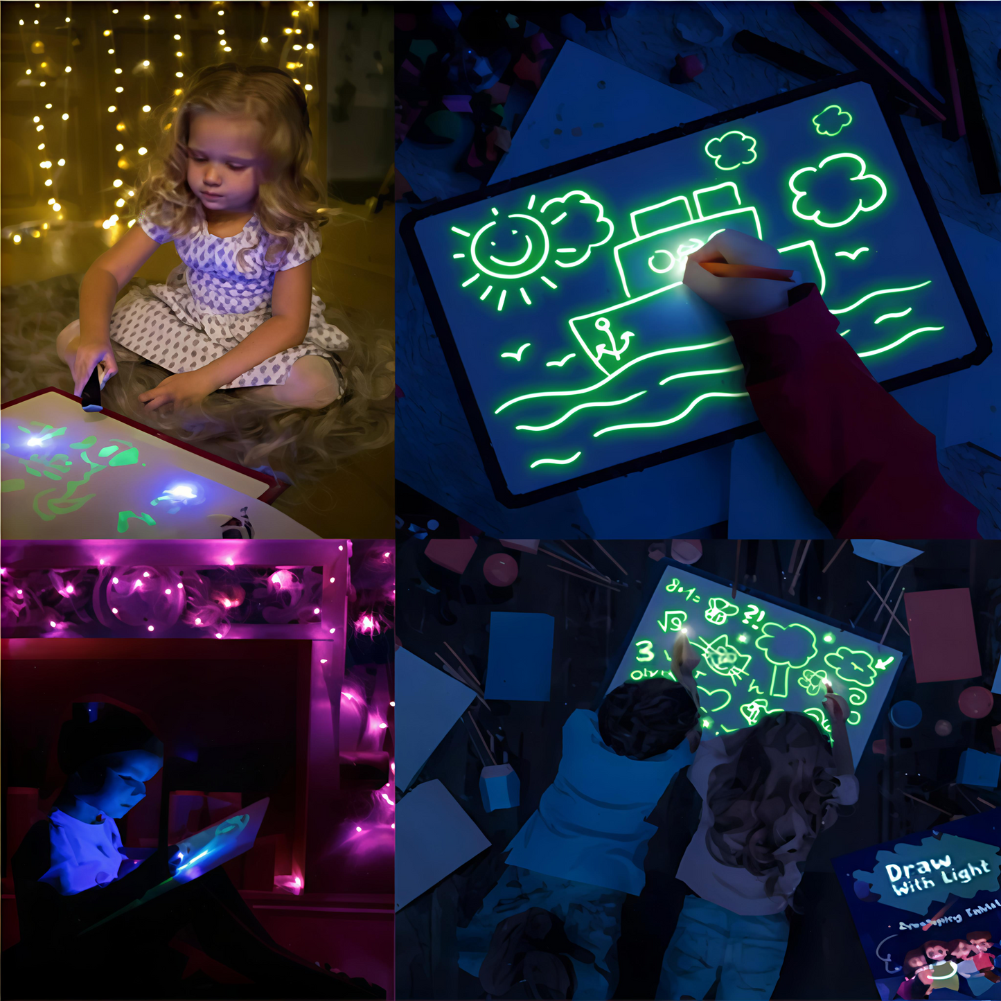Child using a glowing light drawing tablet to sketch a boat, sun, and birds—educational toy for creative play, early learning, and sensory development.