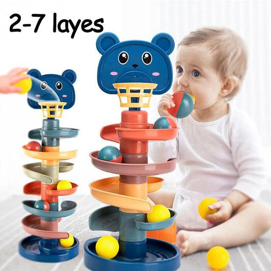 Colorful Bear-Themed Layered Ball Drop Tower Toy for Toddlers - Giggly Groves