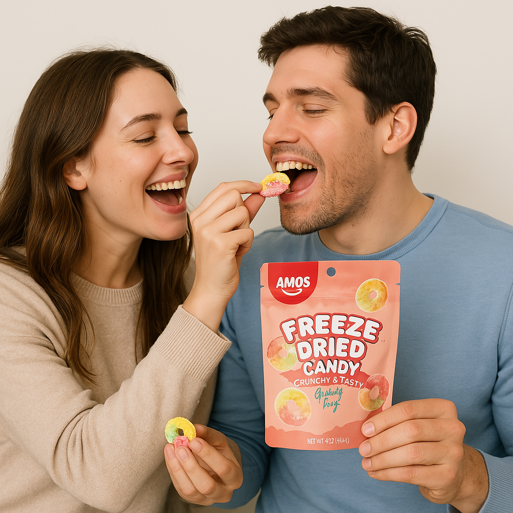 Amos Freeze Dried Sweet Ring Candy in vibrant fruit flavors, showcased in colorful packaging – available now on Giggly Groves