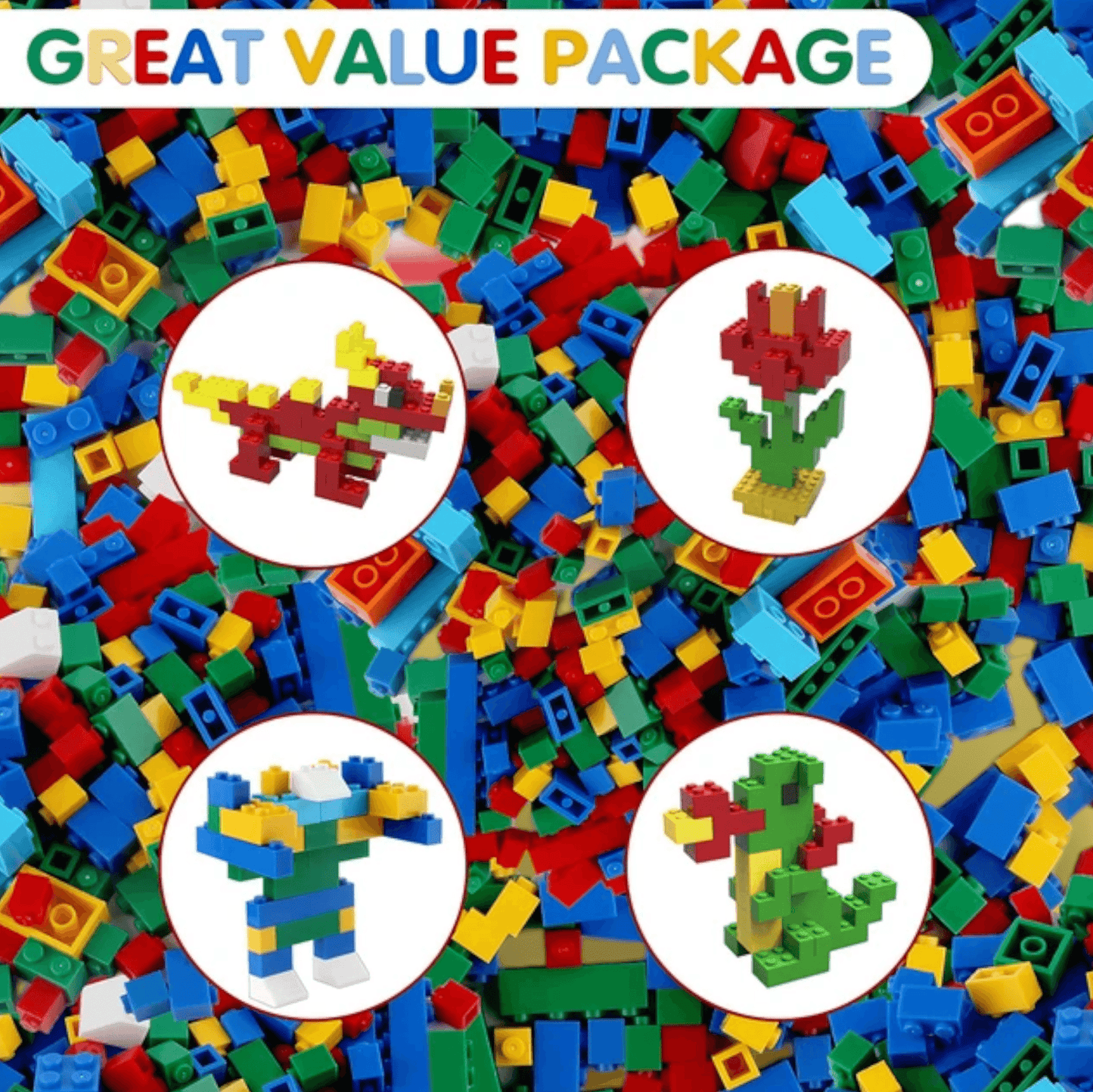 A vibrant collection of 1000 pieces of kids’ building blocks by Giggly Groves, featuring a variety of colors such as red, yellow, blue, green, and orange. The interlocking plastic bricks are scattered in a playful and inviting manner with the quantity ‘1000 pcs’ prominently displayed in the center. Ideal for creative play and motor skill development